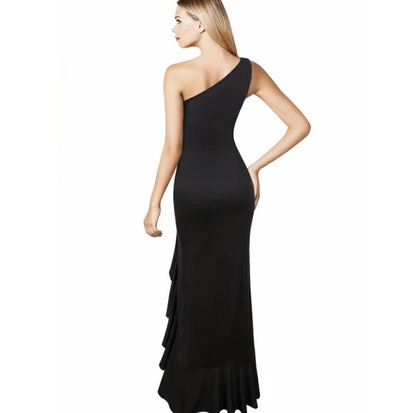 Elegant One Shoulder Longline Maxi Dress Thigh Slit Asymmetrical Ruffle Black - Picture 3 of 7